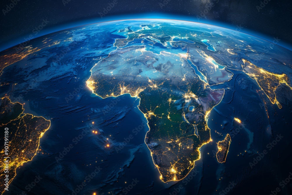 Fototapeta premium Illuminated Earth: A Satellite View of the African Continent, Middle East, and Asia at Night, Featuring Abstract Digital Cartography