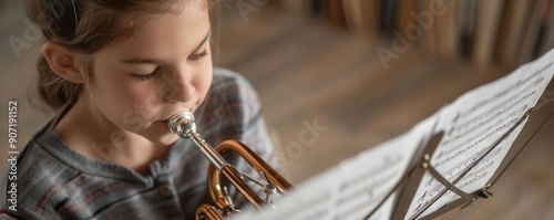 Young girl playing the French horn while reading sheet music in a cozy room, showcasing musical talent and practice. photo