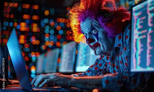 A person in clown makeup and a colorful wig works on a laptop with multiple code-monitoring screens, blending humor with a hacker�s role. photo