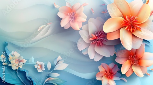 This image features a digital illustration of paper flowers in various shades of white, pink, and orange against a wavy, textured blue background.