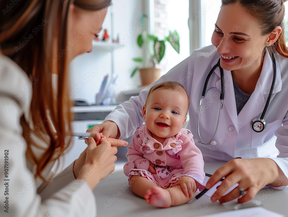 Smiling Doctors with Happy Baby in Medical Setting Smiling Doctors with Happy Baby in Medical Setting