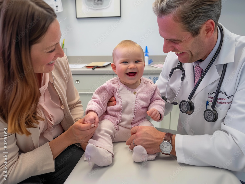 Smiling Doctors with Happy Baby in Medical Setting Smiling Doctors with Happy Baby in Medical Setting