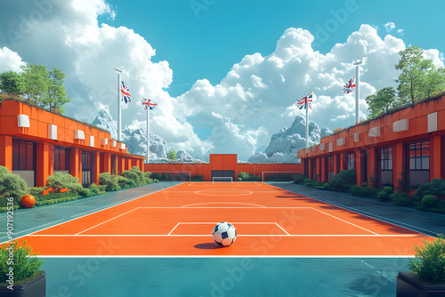 Digital artwork of a sports ground with England and Netherlands flags.