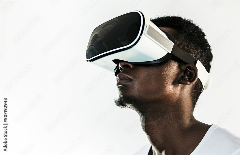 An African man wearing a virtual reality headset, isolated on a white background, exploring immersive technology and futuristic experiences.