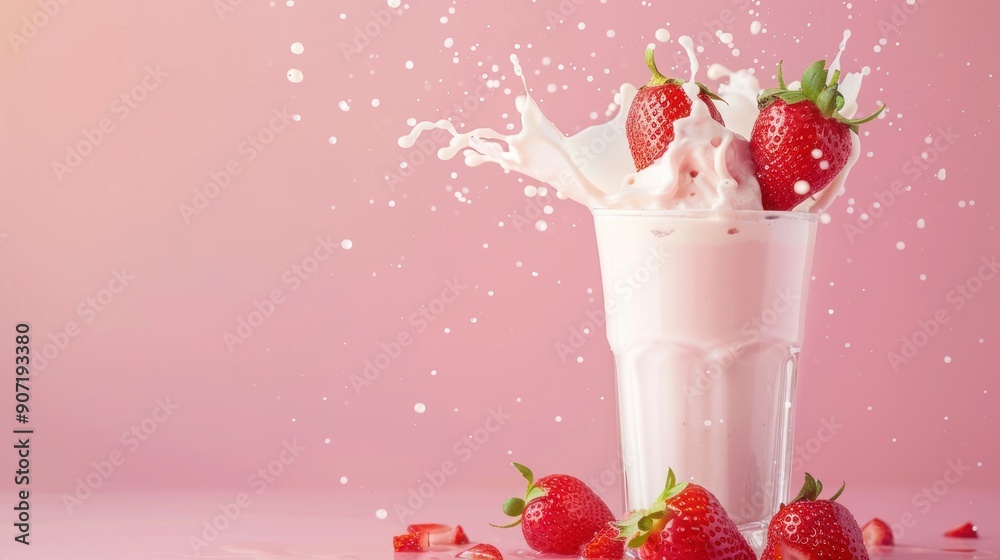 Strawberries splashing into a glass of milk against a pink background