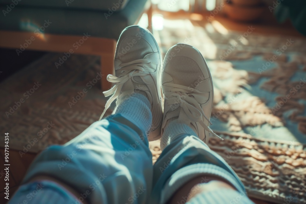 Obraz premium A pair of white sneakers sitting on a rug, ready for use