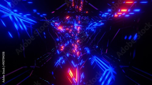 Abstract animated dynamic VJ loop background of futuristic triangle red, blue neon tunnel