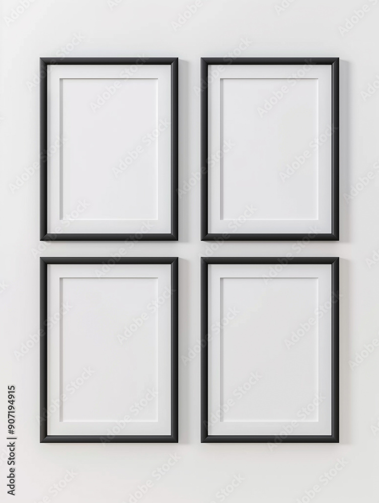 Four blank black frames arranged in a grid pattern on a white wall for a minimalist decor
Four blank black frames arranged in a grid pattern on a white wall for a minimalist decor