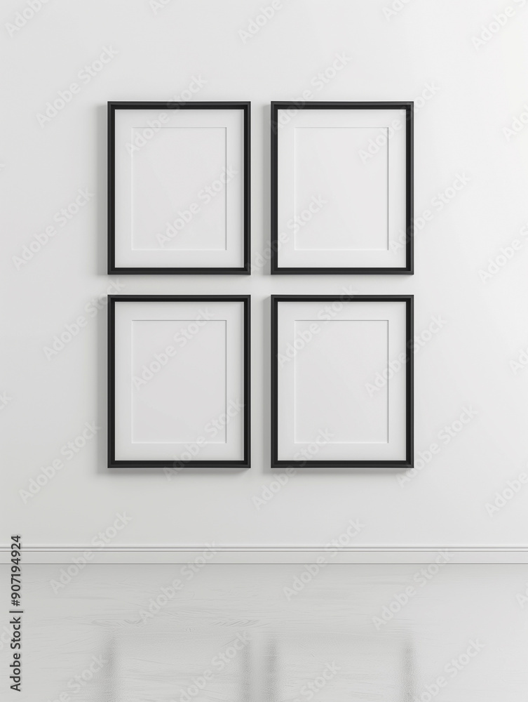 Four blank black frames arranged in a grid pattern on a white wall for a minimalist decor
Four blank black frames arranged in a grid pattern on a white wall for a minimalist decor