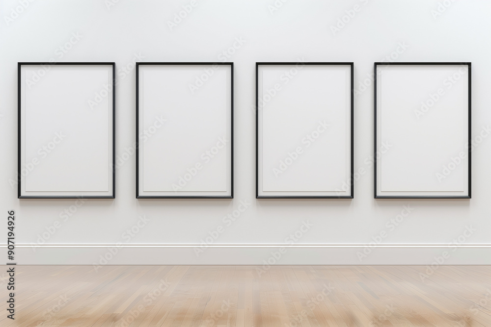 Four minimalist blank frames arranged in a row on a white wall creating a clean, modern aesthetic
Four minimalist blank frames arranged in a row on a white wall creating a clean, modern aesthetic