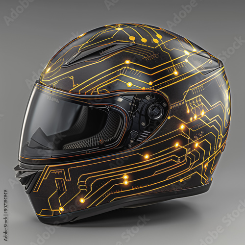 Side view of a futuristic motorcycle helmet with glowing circuit design and sleek black finish
 photo