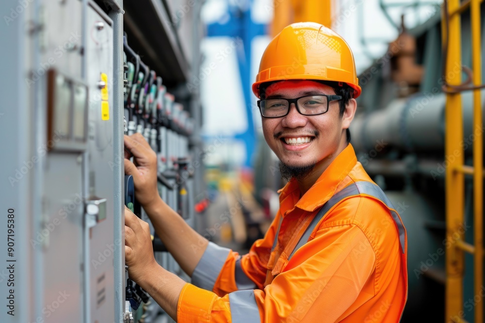 A person in an orange shirt and safety glasses is fixing a machine A person in an orange shirt and safety glasses is fixing a machine