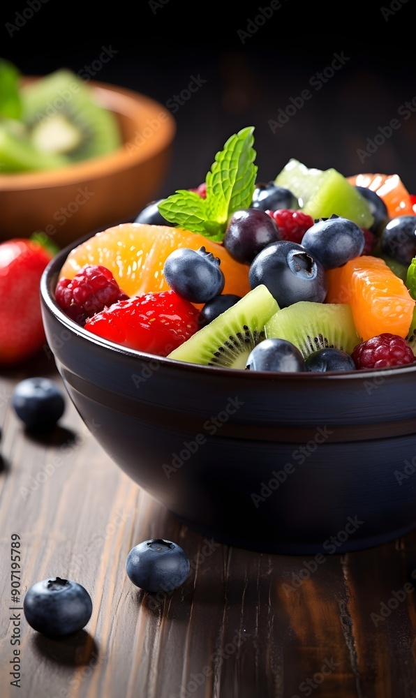 Fresh fruit salad in a bowl on wooden background Fresh fruit salad in a bowl on wooden background