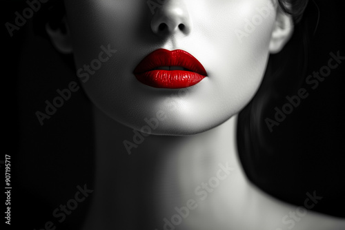 Portrait of a beautiful woman's face, lower part. Red plum lips on black and white photo. Minimal concept of sensuality, cosmetics industry, skin care and beauty. Monochromatic style, copy space.