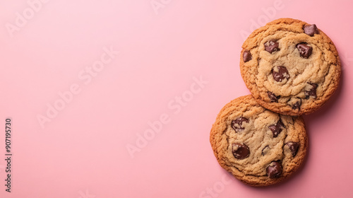  appetizing chocolate chip cookies on soft pink background