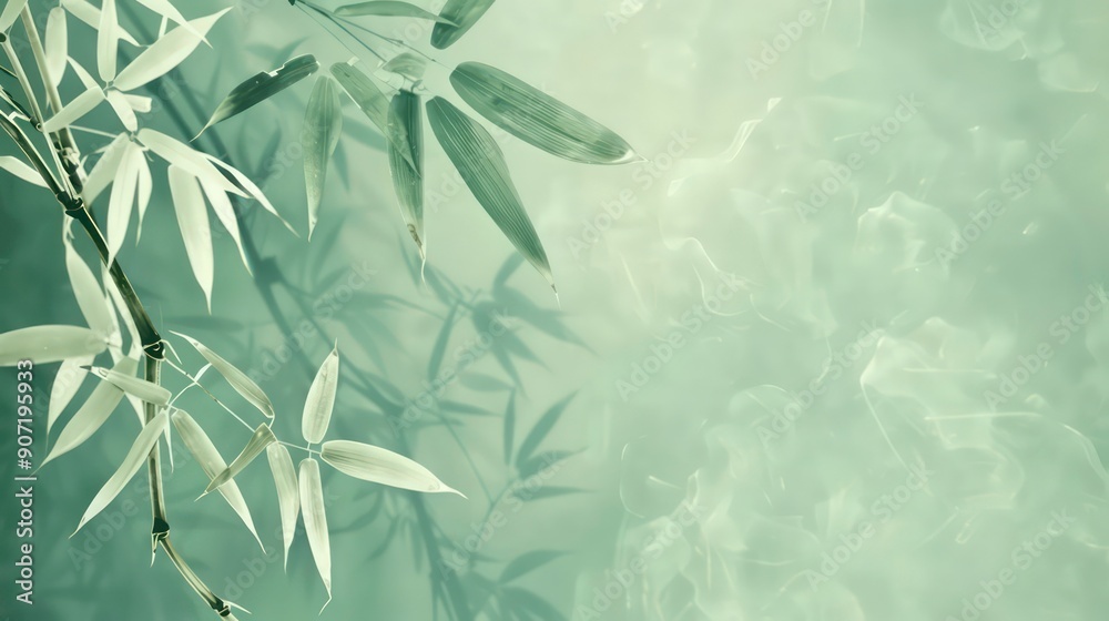 A close-up of a bamboo branch with leaves against a soft green, blurred background, conveying a sense of peace and tranquility. A close-up of a bamboo branch with leaves against a soft green, blurred background, conveying a sense of peace and tranquility.