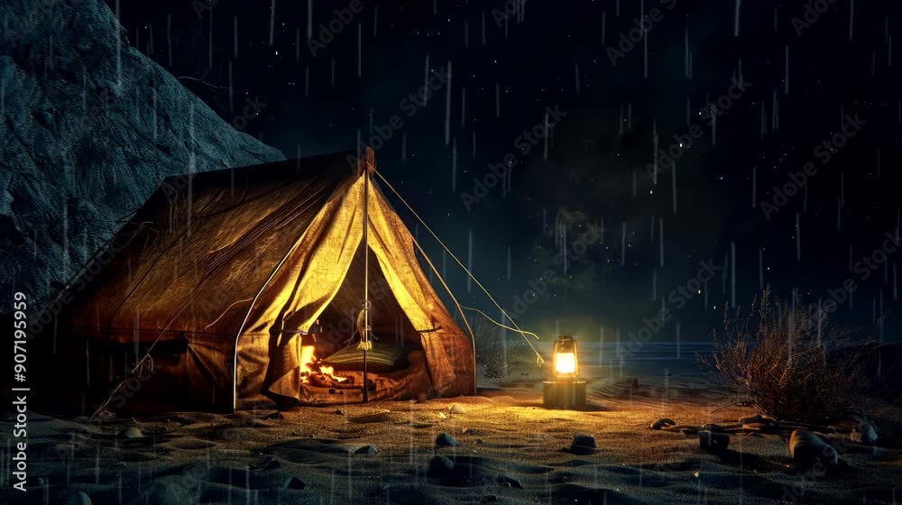 A camping tent  in a dark night rain beach with campfire. seamless looping time-lapse virtual 4k video animation background