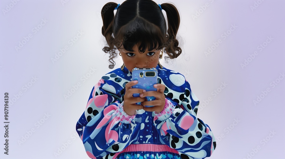 Young girl focused intently on her smartphone against a colorful background, modern children phone addiction problem, doom scrolling, media obsession Young girl focused intently on her smartphone against a colorful background, modern children phone addiction problem, doom scrolling, media obsession