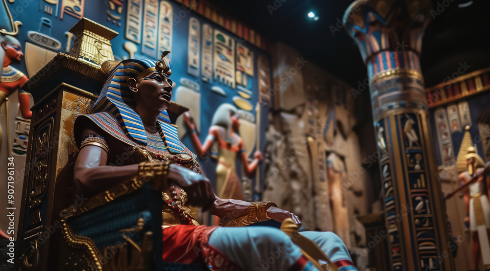 Fototapeta premium Opulent Egyptian throne room with pharaoh statue surrounded by ancient carvings 
