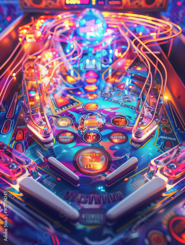 Vivid pinball machine lights in a vibrant arcade creating a nostalgic retro atmosphere
