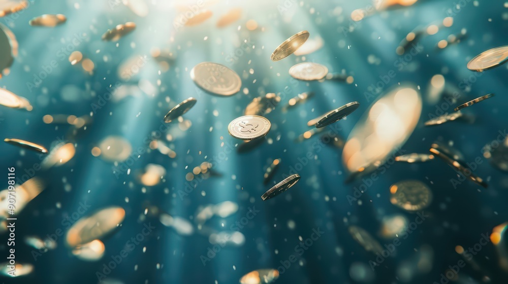 A surreal franchise world where the sky rains money, and coins grow wings to float, creating a whimsical financial ecosystem, sunlight filtering through, banner, with copy space A surreal franchise world where the sky rains money, and coins grow wings to float, creating a whimsical financial ecosystem, sunlight filtering through, banner, with copy space