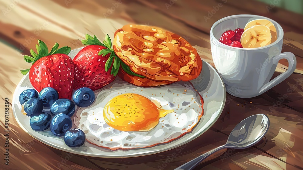 Breakfast Illustration with Fried Egg, Strawberries, and Blueberry on Wooden Table