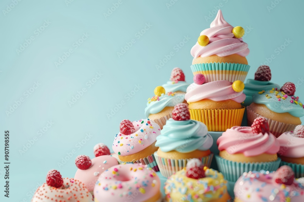 A towering peak of colorful cupcakes and donuts stands tall A towering peak of colorful cupcakes and donuts stands tall