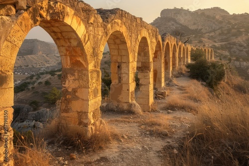 Serene Sunset Journey Through Ancient Arches, A Majestic Pathway to Tranquility at Golden Hour, Capturing the Beauty of Nature's Hues and the Serenity of History's Legacy