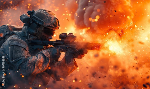 A soldier in full combat gear fires a rifle amidst a fiery explosion, capturing the raw intensity and chaos of a battlefield scenario.