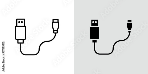 USB cable icon Black line art vector logo set