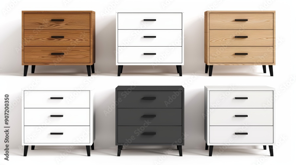 A row of six dressers with different colors and designs