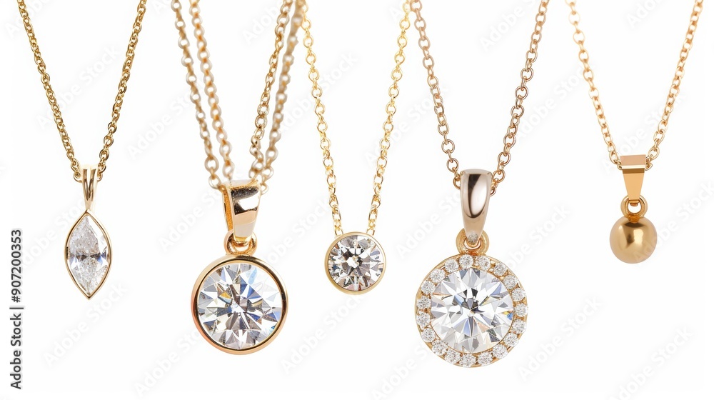 A row of necklaces with a variety of shapes and sizes A row of necklaces with a variety of shapes and sizes