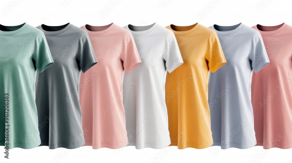A row of shirts in various colors, including pink, yellow, and green A row of shirts in various colors, including pink, yellow, and green