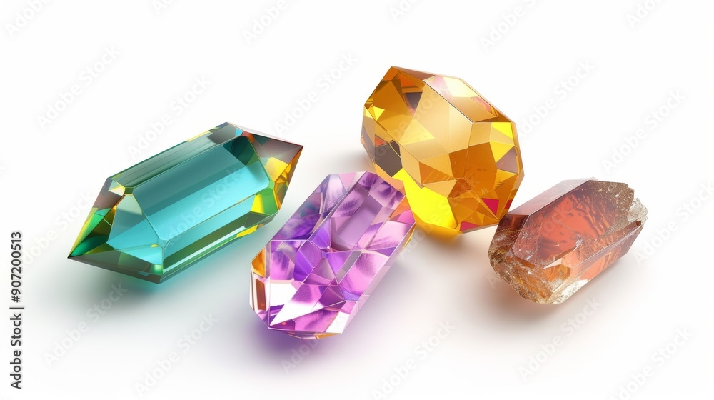 Four different colored gems are displayed on a white background Four different colored gems are displayed on a white background