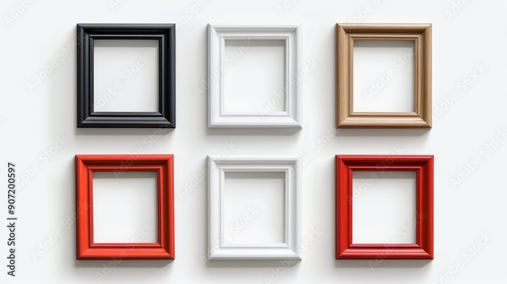 A row of white and red frames are lined up on a white background A row of white and red frames are lined up on a white background