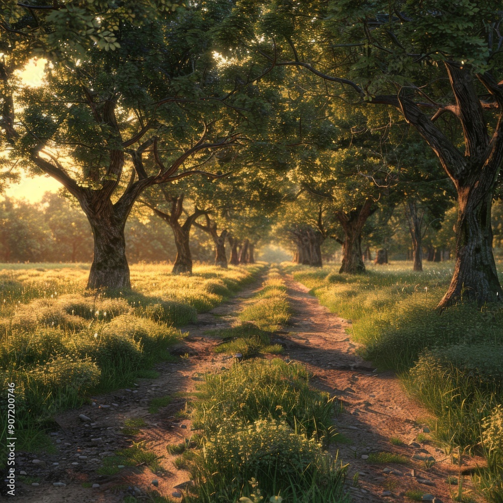 Sunset Serenade: A Tranquil Path Through the Woods with Earthy Tones, Embracing the Last Embrace of Sunlight on Nature's Canvas Sunset Serenade: A Tranquil Path Through the Woods with Earthy Tones, Embracing the Last Embrace of Sunlight on Nature's Canvas