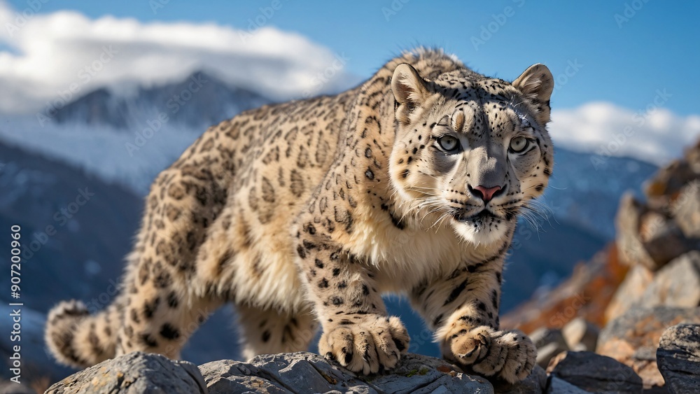 Fototapeta premium Majestic Snow Leopard in Natural Habitat Against Mountain Backdrop