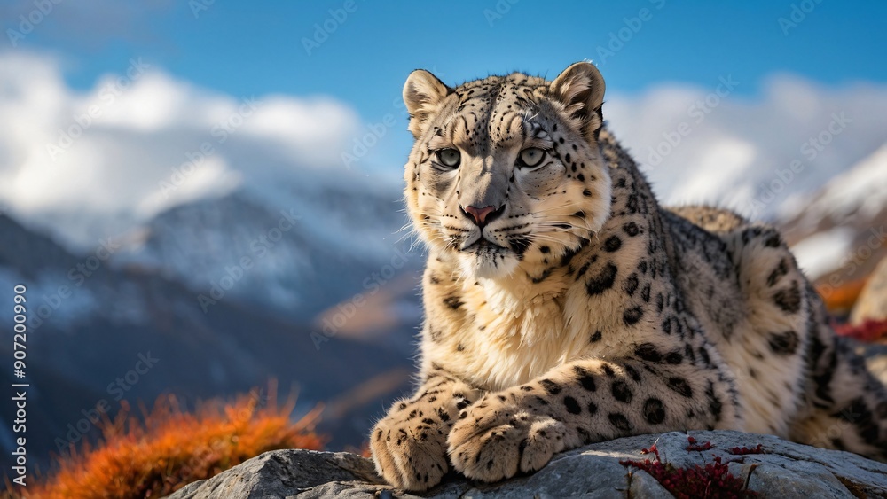 Majestic Snow Leopard in Natural Habitat Against Mountain Backdrop Majestic Snow Leopard in Natural Habitat Against Mountain Backdrop