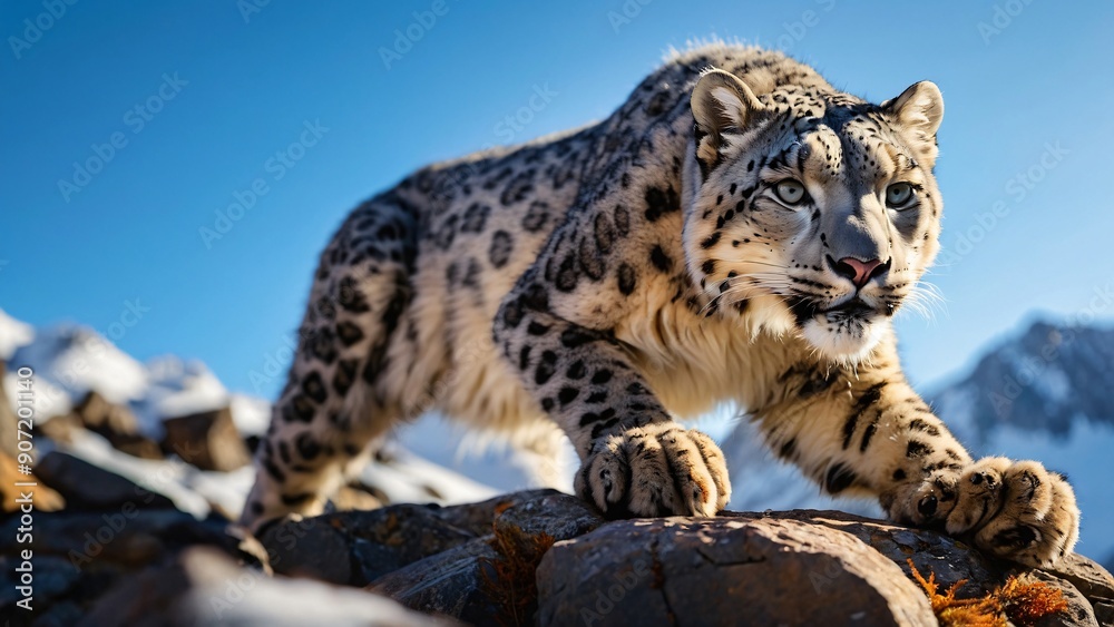 Obraz premium Majestic Snow Leopard in Natural Habitat Against Mountain Backdrop