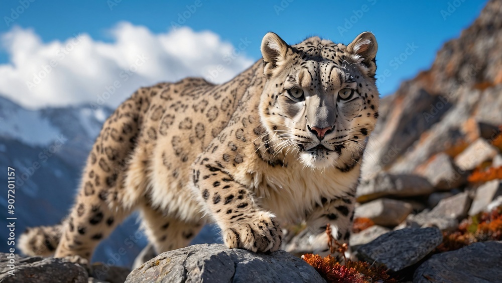 Fototapeta premium Majestic Snow Leopard in Natural Habitat Against Mountain Backdrop