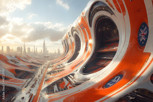 Futuristic visualization of a sports arena with England and Netherlands flags.
