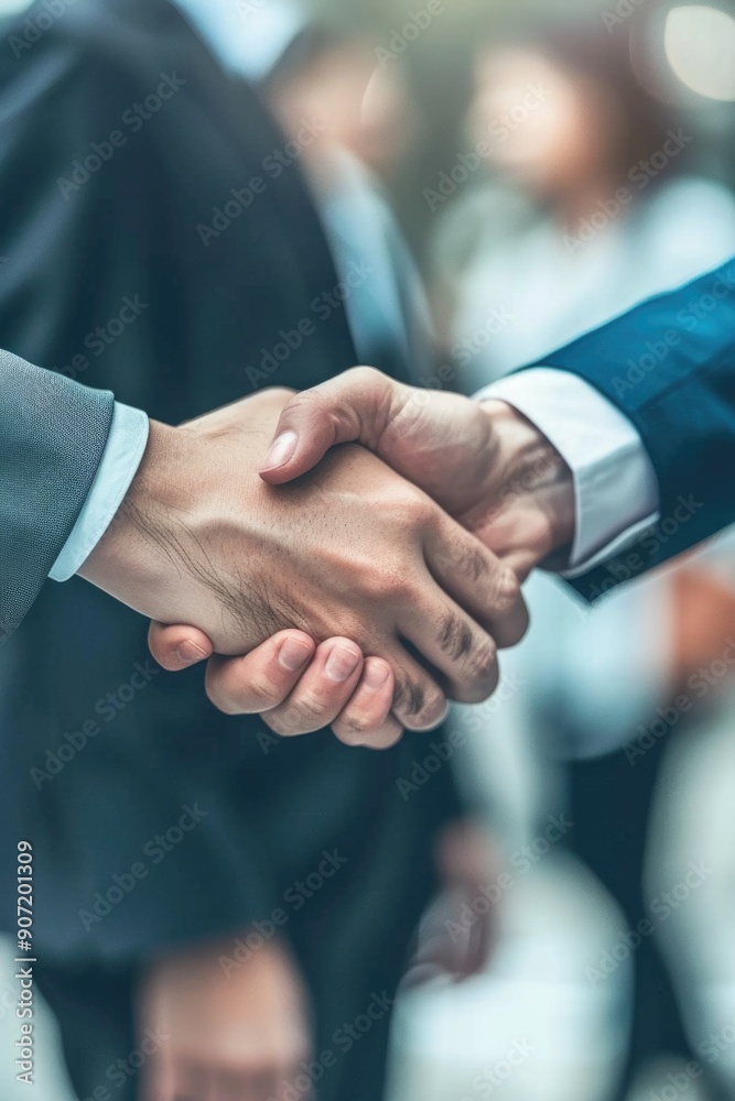A close-up view of two individuals shaking hands, conveying a sense of agreement or partnership A close-up view of two individuals shaking hands, conveying a sense of agreement or partnership