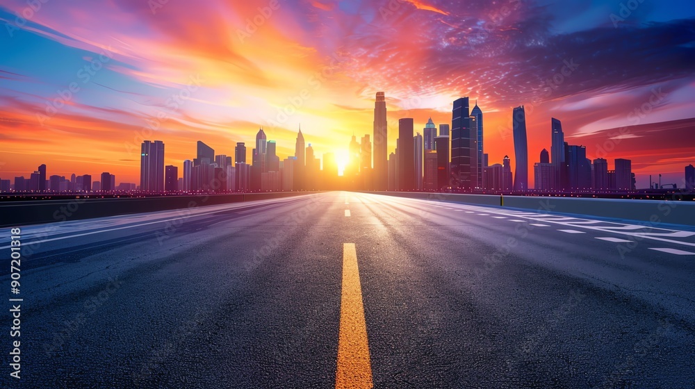 Stunning sunset cityscape with a clear road leading to towering skyscrapers under a colorful, dramatic sky. Stunning sunset cityscape with a clear road leading to towering skyscrapers under a colorful, dramatic sky.