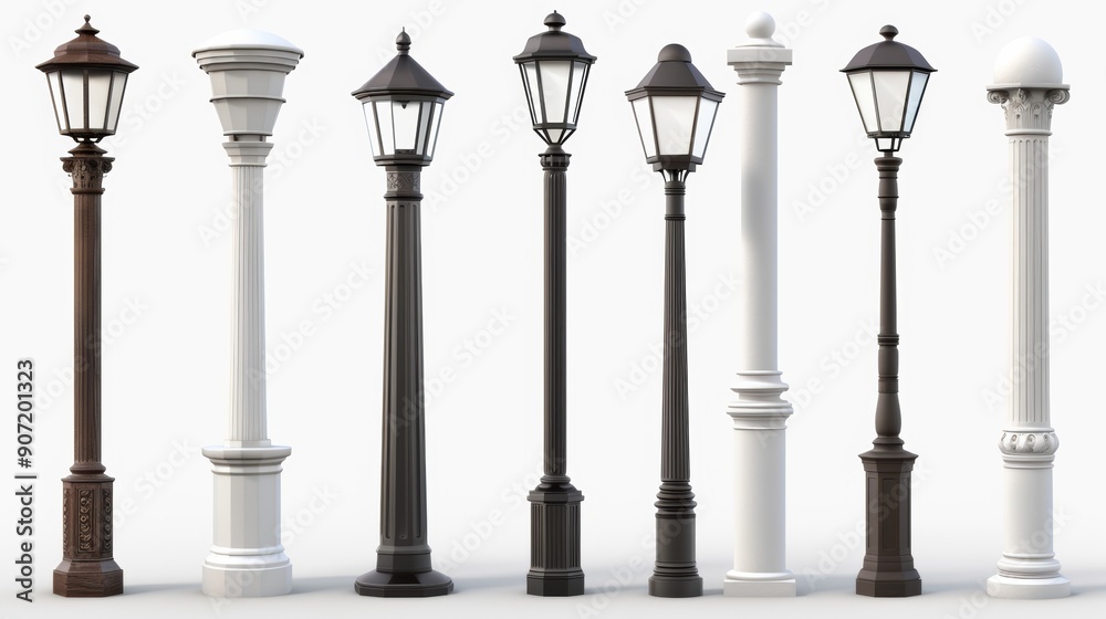 A series of street lamps with different colors and styles A series of street lamps with different colors and styles