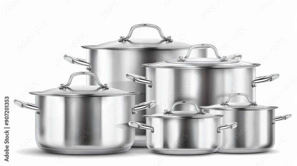 A set of four pots and pans are shown in a row