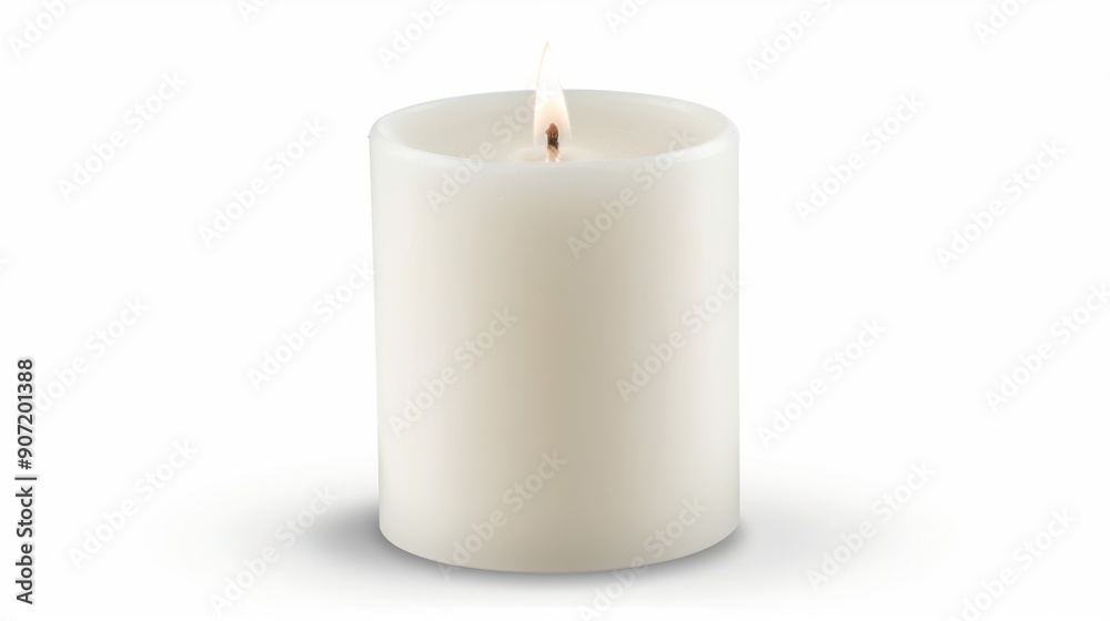 A white candle with a small flame is lit A white candle with a small flame is lit