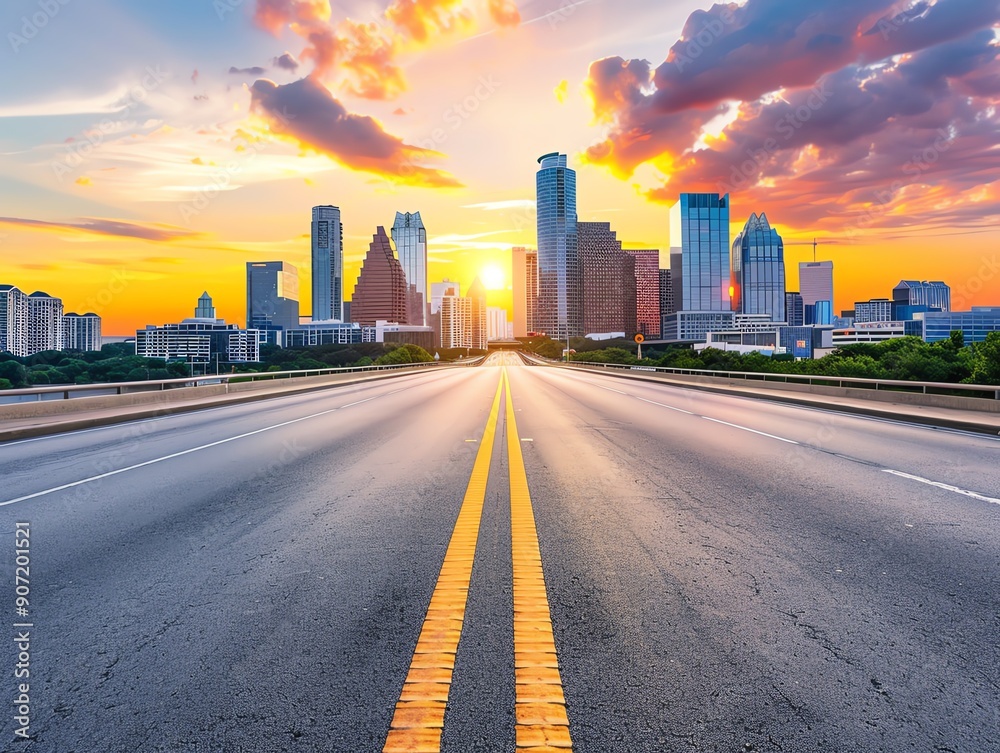 Stunning urban skyline of a city with skyscrapers at sunset, viewed from a wide open road leading towards the horizon. Stunning urban skyline of a city with skyscrapers at sunset, viewed from a wide open road leading towards the horizon.