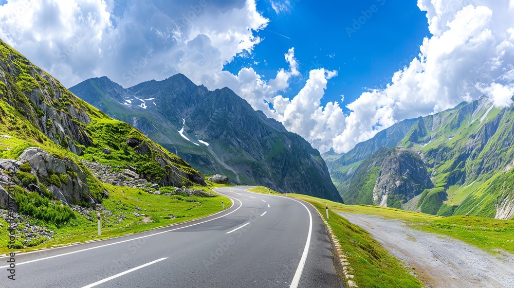 Naklejka premium Scenic mountain road winding through alpine landscape under blue sky with fluffy clouds