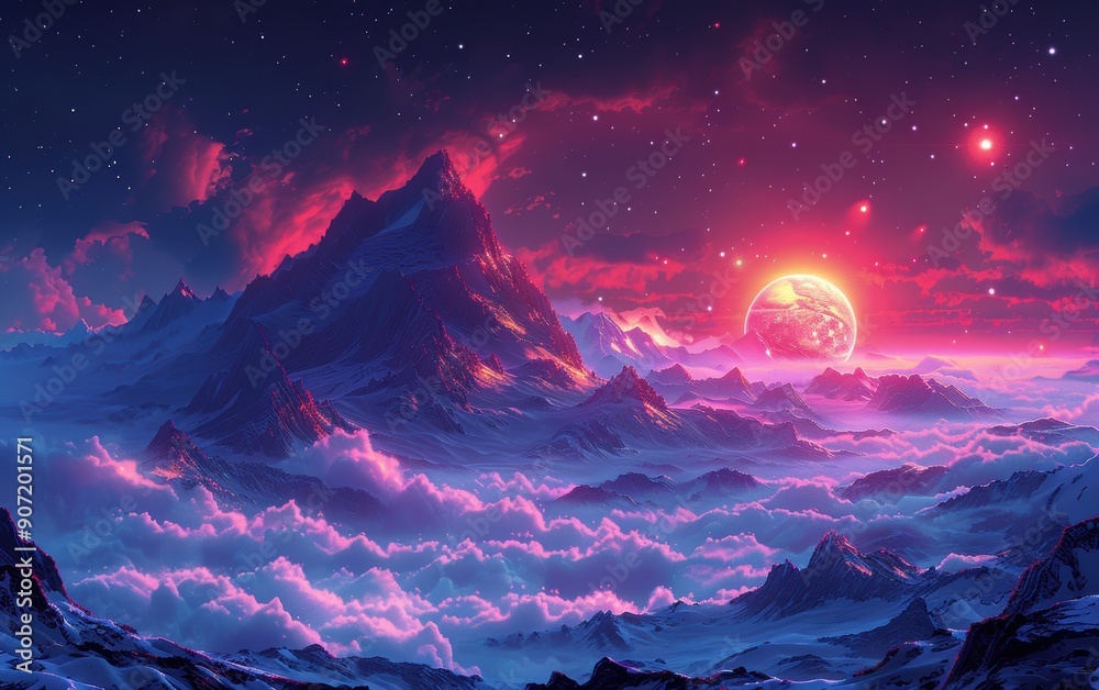 Obraz premium Mountain Landscape Illustration with Pink Clouds and Red Sky