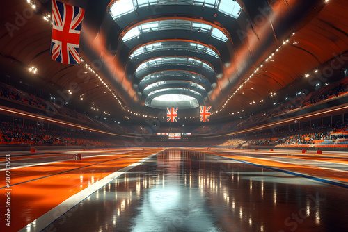 Futuristic visualization of a sports arena with England and Netherlands flags.